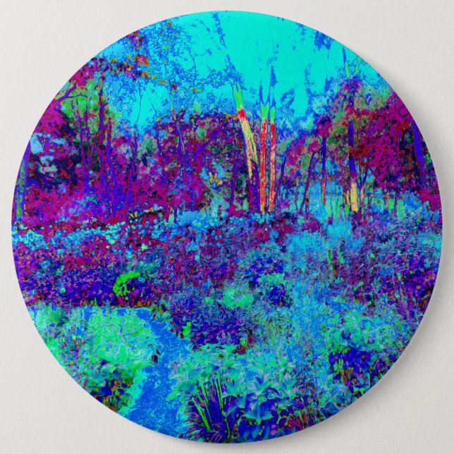Psychedelisch Impressionistisch Blauer Garten Land Button (Vorderseite)