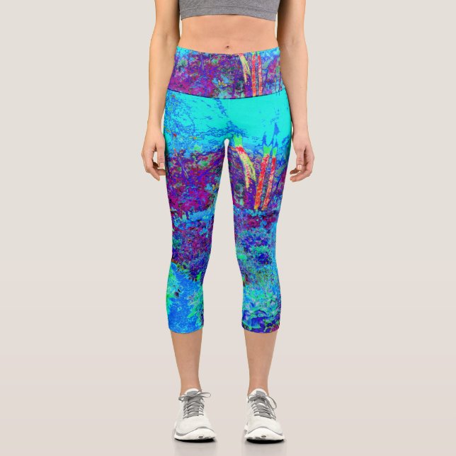 Psychedelisch Impressionistisch Blauer Garten Land Capri Leggings (Vorderseite)