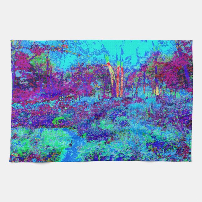 Psychedelisch Impressionistisch Blauer Garten Land Geschirrtuch (Horizontal)