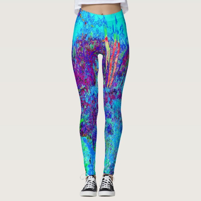 Psychedelisch Impressionistisch Blauer Garten Land Leggings (Vorderseite)