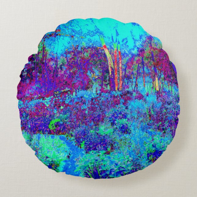 Psychedelisch Impressionistisch Blauer Garten Land Rundes Kissen (Vorderseite)