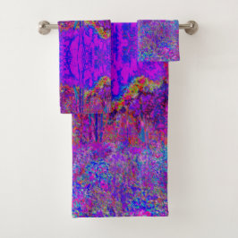 Psychedelisch Impressionistisch Lila Landschaft Badhandtuch Set
