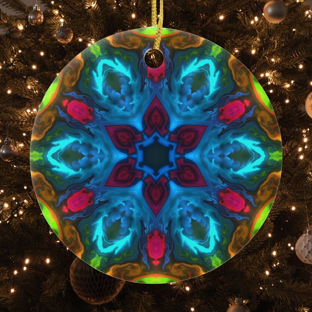 Psychedelisch Kaleidoskop Blau Rosa und Grün Keramik Ornament (Von Creator hochgeladen)