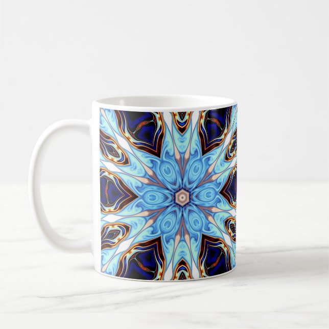 Psychedelisch Kaleidoskop Blume Blau und Orange Kaffeetasse (Links)