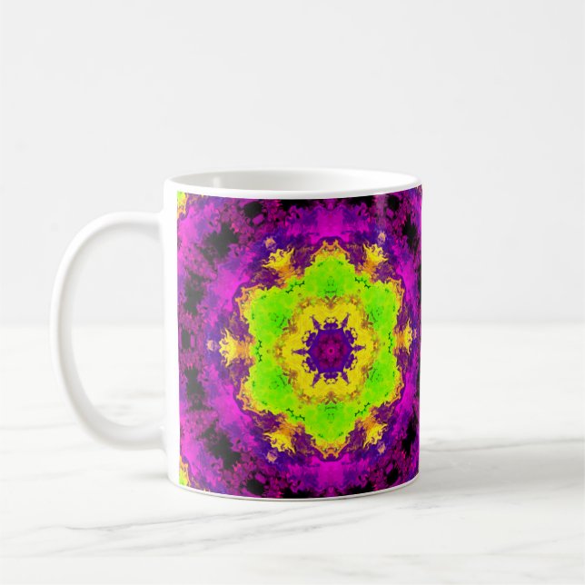 Psychedelisch Kaleidoskop Gelb und Lila Kaffeetasse (Links)