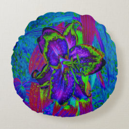Psychedelisch Lila und Limettengrüne Lily-Blume Rundes Kissen