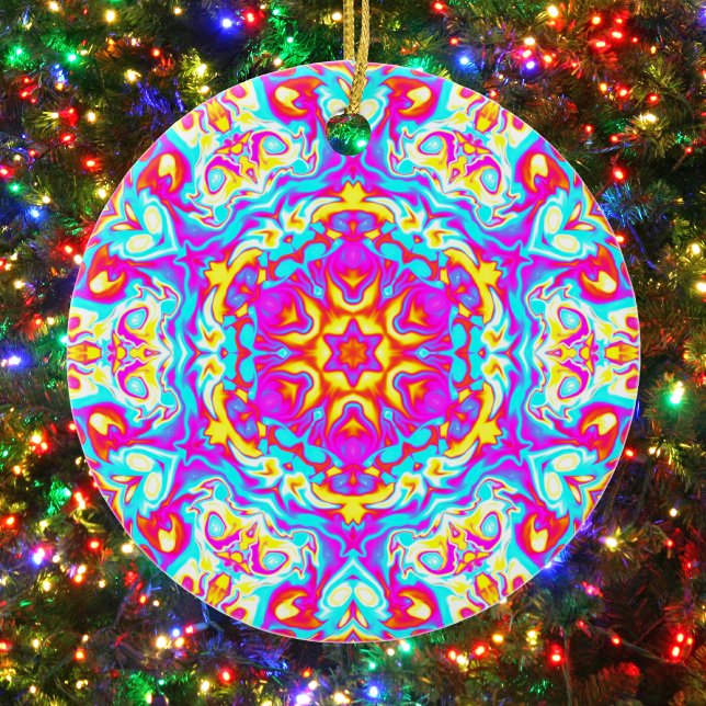 Psychedelisch Mandala Blume Blau Rosa und Gelb Keramik Ornament (Von Creator hochgeladen)