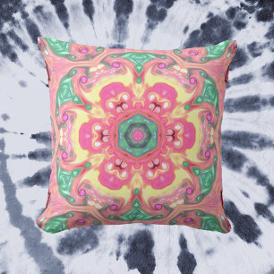Psychedelisch Mandala Blume Grün Rosa und Gelb Kissen