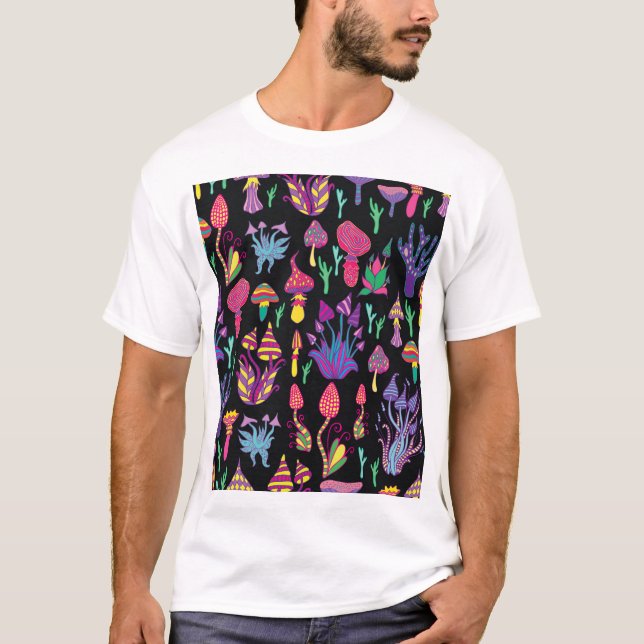 Psychedelisch Mushrooms Rainbow Colors Pattern T-Shirt (Vorderseite)
