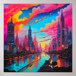 Psychedelisch Pink Blue City Landschaft Poster