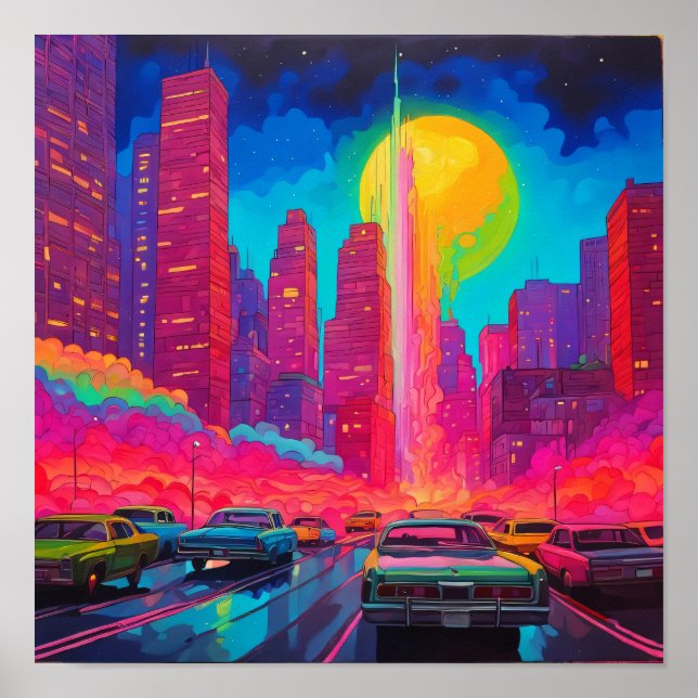 Psychedelisch Pink Blue City Poster (Vorne)