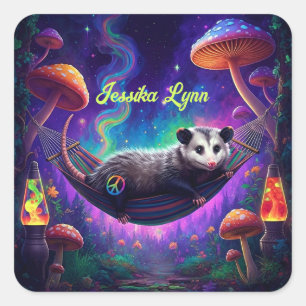 Psychedelisch Trippy Hippie Opossum Custom Persona Quadratischer Aufkleber