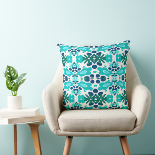 Psychedelische Blume & Herz Aquamarin Blau Kissen