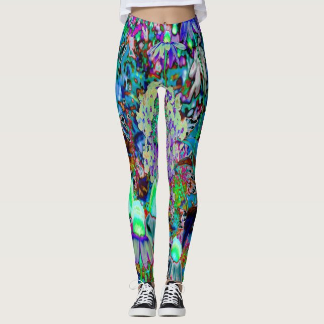 Psychedelische Blume Lila und Kalkgrün Leggings (Vorderseite)