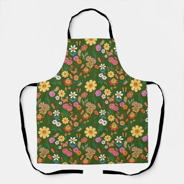 Psychedelische Blume Muster Retro Style D Green BG Schürze (Vorderseite)