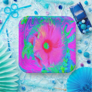 Psychedelische Blume Rosa und Roter Hibiskus Pappteller