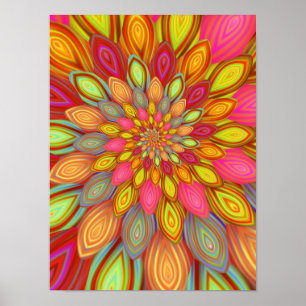 Psychedelische Blumenmandala - Lebendige Regenboge Poster