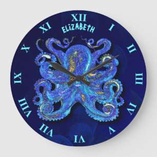 Psychedelische bunte blaue Krake mit Brown-Augen Große Wanduhr