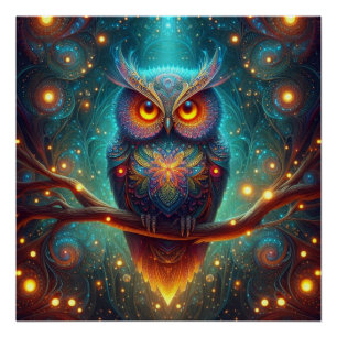 Psychedelische Eule in einem Kosmischen Wald Poster