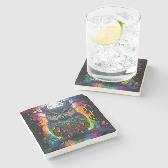 Psychedelische Fantasie Hippy Owl Steinuntersetzer (Seitenansicht)