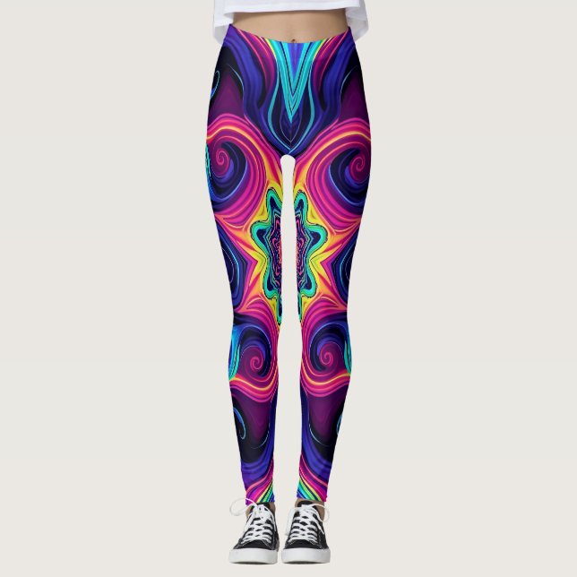 Psychedelische Fraktal Leggings mit Neon Mandala A (Vorderseite)