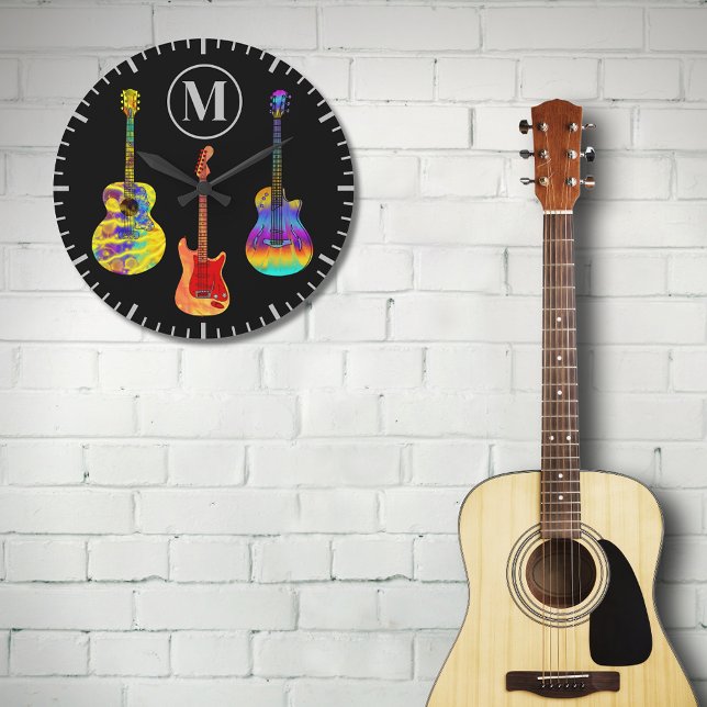 Psychedelische funkige Gitarren Große Wanduhr (Cool colorful guitar black monogram modern wall clock for guitarist and musicians )