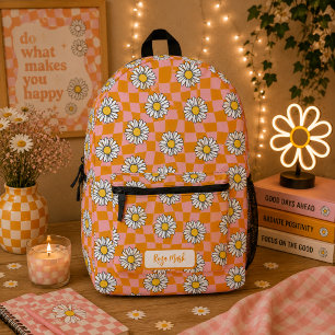 Psychedelische Groovy-Daisy-Karo, Y2K 90er Bedruckter Rucksack