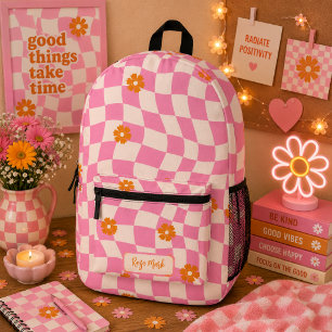 Psychedelische Groovy-Daisy-Karo, Y2K 90er Bedruckter Rucksack