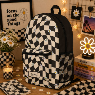 Psychedelische Groovy-Daisy-Karo, Y2K 90er Bedruckter Rucksack