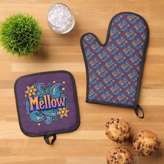 Psychedelische Groovy "Mellow" Retro Hippie Art Ofenhandschuh & Topflappen-Set (Oben Unten)