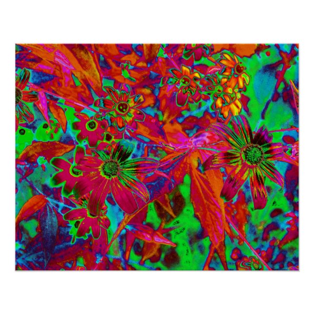 Psychedelische Groovy Rot und Grüne Wildblumen Poster (Vorderseite)