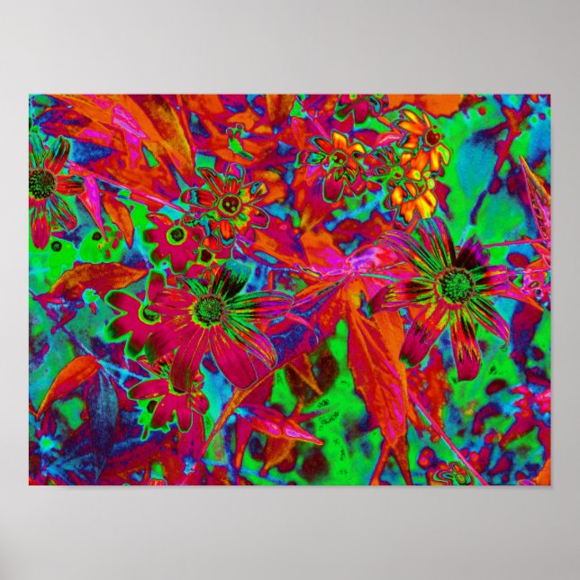 Psychedelische Groovy Rot und Grüne Wildblumen Poster (Vorne)