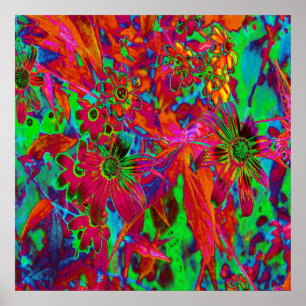 Psychedelische Groovy Rot und Grüne Wildblumen Poster