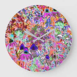 Psychedelische heißrosa und limettengrüne Gartenbl Große Wanduhr
