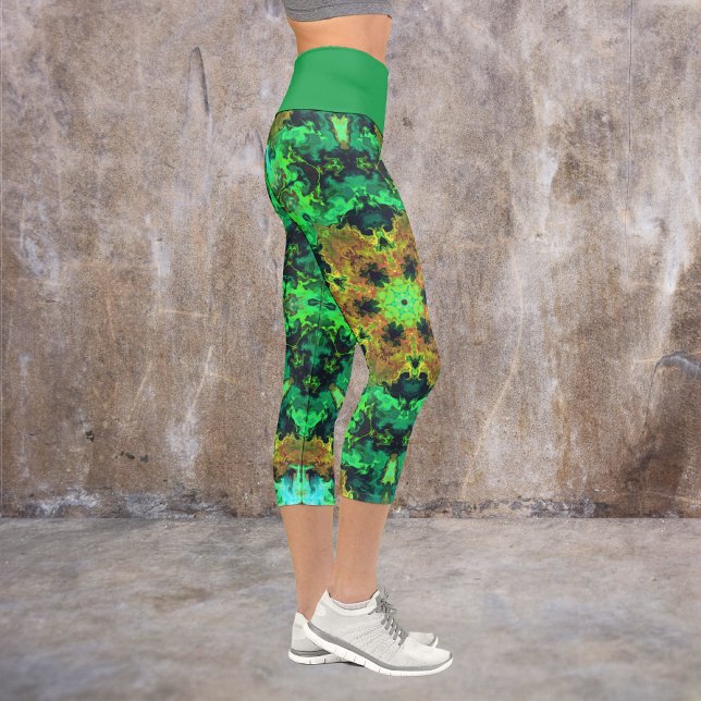 Psychedelische Hippie Blume Orange und grüne Leggi Capri Leggings (Von Creator hochgeladen)