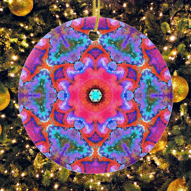 Psychedelische Hippie-Blume Rosa Blau und Orange Keramik Ornament (Von Creator hochgeladen)