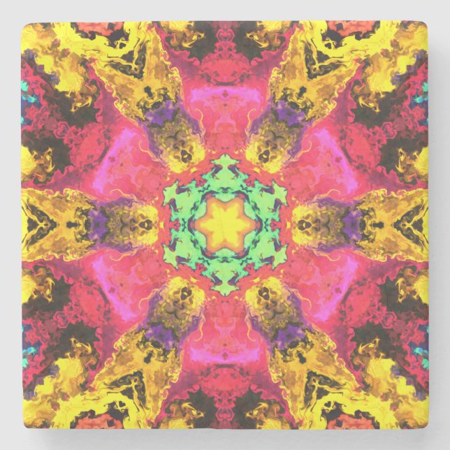 Psychedelische Hippie-Blume Rosa Gelb und Grün Steinuntersetzer (Vorderseite)