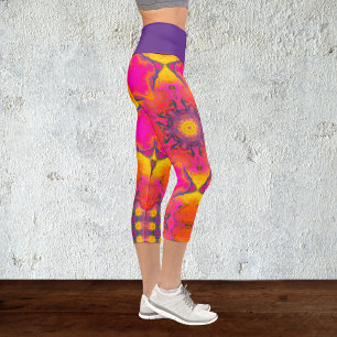 Psychedelische Hippie-Blume Rosa Lila und Gelb L Capri Leggings