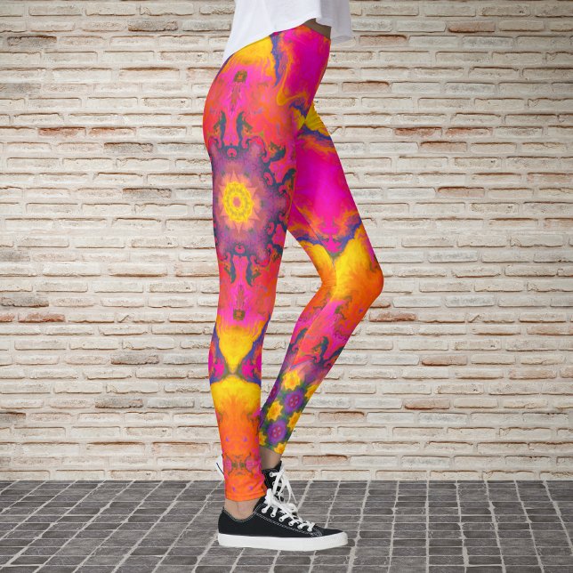 Psychedelische Hippie-Blume Rosa Lila und gelb Leggings (Von Creator hochgeladen)