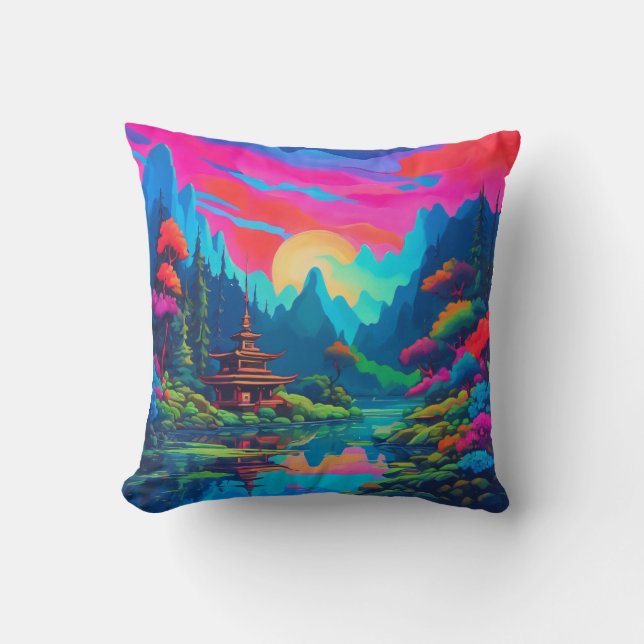Psychedelische japanische Landschaftskunst Kissen (Vorderseite)