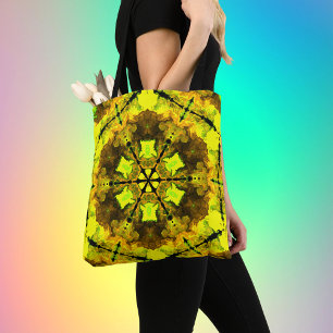 Psychedelische Kaleidoskop-Blume Gelb und Grün Tasche