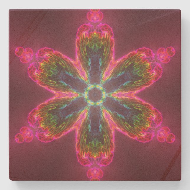 Psychedelische Kaleidoskop-Blume grün und rosa Steinuntersetzer (Vorderseite)