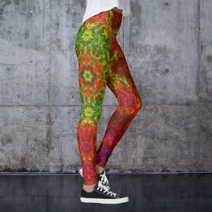 Psychedelische Kaleidoskop-Blume Grün und Rot Leggings