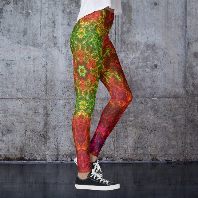 Psychedelische Kaleidoskop-Blume Grün und Rot Leggings (Von Creator hochgeladen)