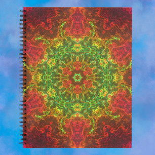 Psychedelische Kaleidoskop-Blume Grün und Rot Notizbuch