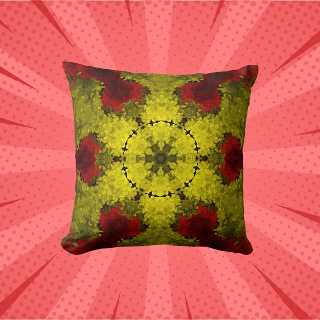 Psychedelische Kaleidoskop-Blume Rot und Gelb Kissen (Von Creator hochgeladen)