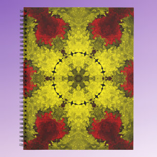 Psychedelische Kaleidoskop-Blume Rot und Gelb Notizbuch
