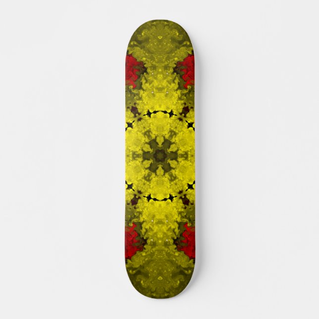 Psychedelische Kaleidoskop-Blume Rot und Gelb Skateboard (Vorne)