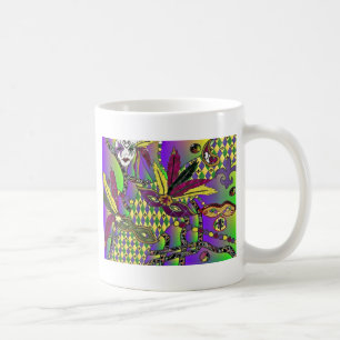 Psychedelische Karneval-Feder maskiert Kaffeetasse