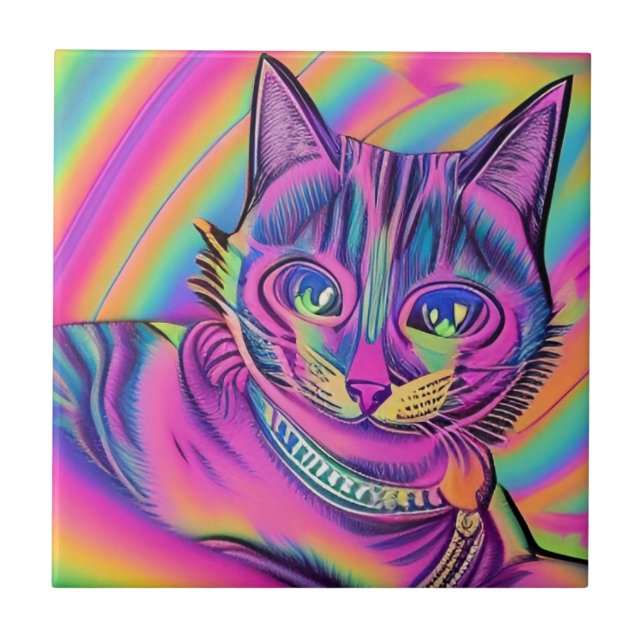 Psychedelische Katze farbig lila Fuchsiengelb Fliese (Vorderseite)